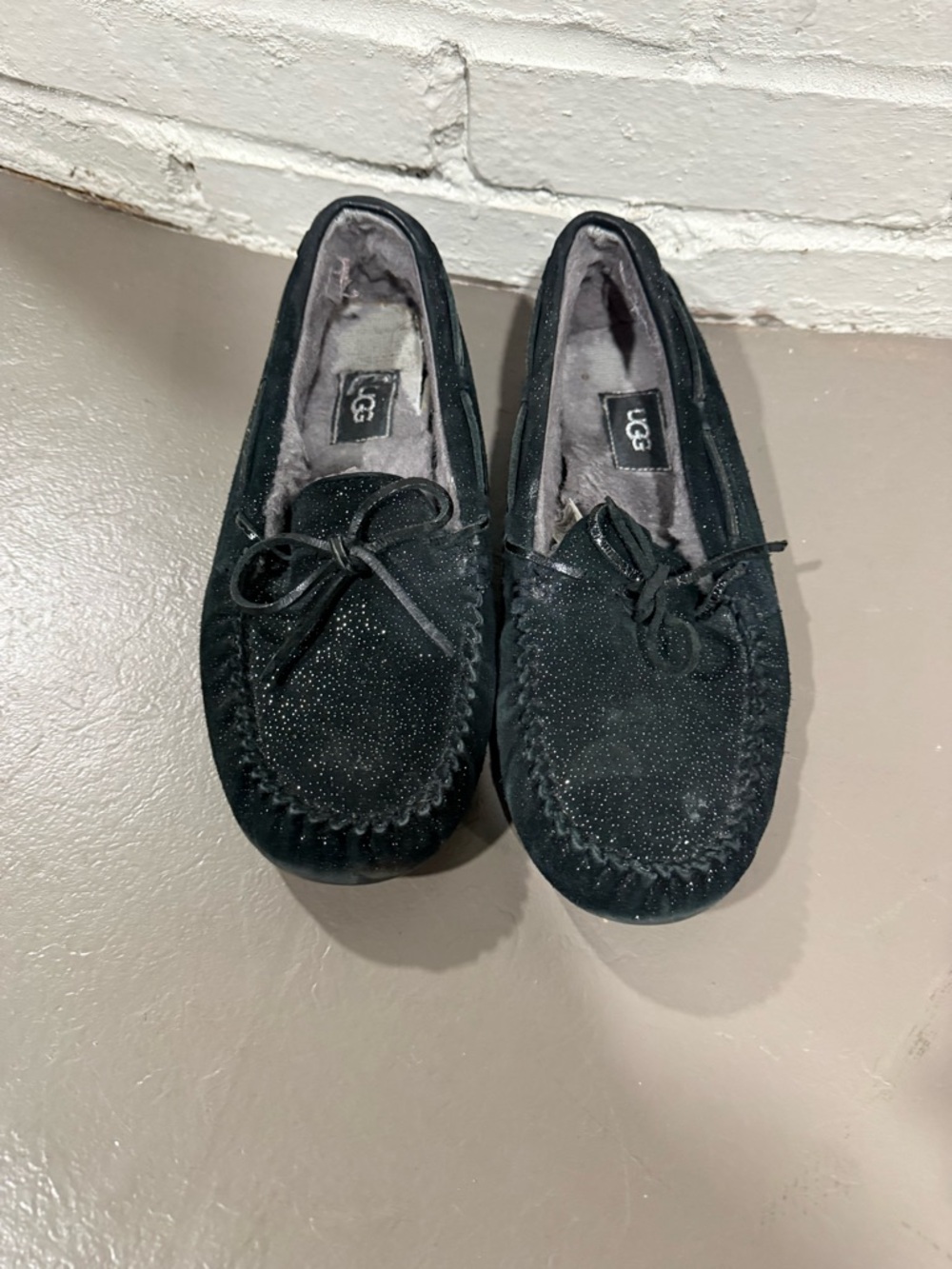 UGG Black Suede Moccasin Slippers with Bow Accent - Picture 3 of 5